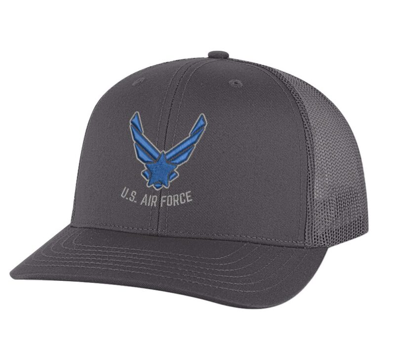 Classic US Air Force Trucker Hat with embroidered Air Force logo, breathable mesh back, and adjustable snapback cap