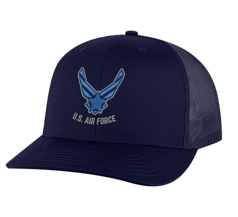 Classic US Air Force Trucker Hat with embroidered Air Force logo, breathable mesh back, and adjustable snapback cap