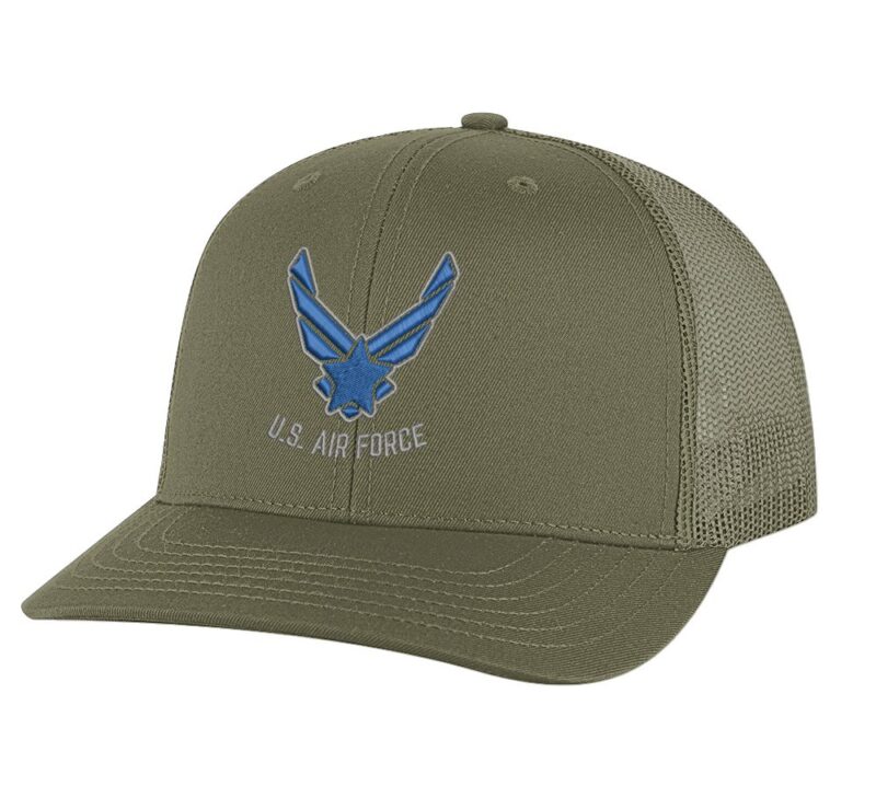Classic US Air Force Trucker Hat with embroidered Air Force logo, breathable mesh back, and adjustable snapback cap
