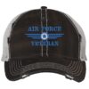 Distressed Air Force Veteran Trucker Hat with embroidered Air Force logo and 'Air Force Veteran' text, rugged distressed finish, and breathable mesh back, adjustable strapback cap