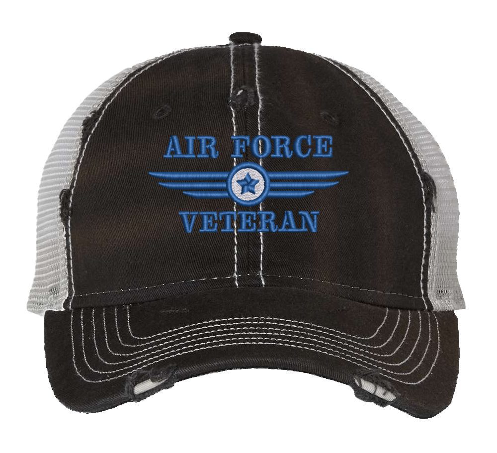 Distressed Air Force Veteran Trucker Hat with embroidered Air Force logo and 'Air Force Veteran' text, rugged distressed finish, and breathable mesh back, adjustable strapback cap