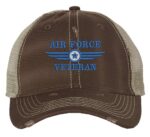 Distressed Air Force Veteran Trucker Hat with embroidered Air Force logo and 'Air Force Veteran' text, rugged distressed finish, and breathable mesh back, adjustable strapback cap
