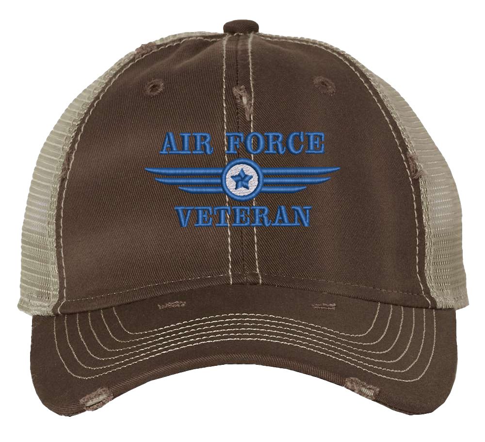 Distressed Air Force Veteran Trucker Hat with embroidered Air Force logo and 'Air Force Veteran' text, rugged distressed finish, and breathable mesh back, adjustable strapback cap