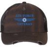 Distressed Air Force Veteran Trucker Hat with embroidered Air Force logo and 'Air Force Veteran' text, rugged distressed finish, and breathable mesh back, adjustable strapback cap