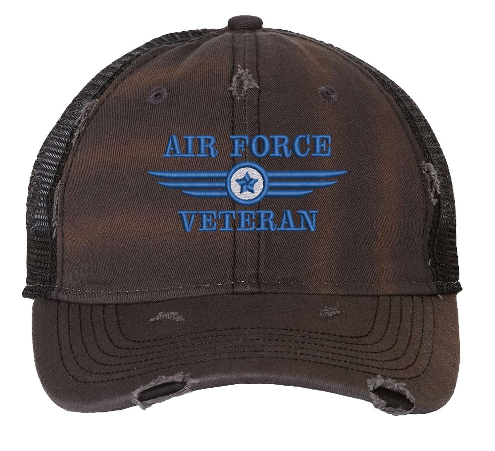 Distressed Air Force Veteran Trucker Hat with embroidered Air Force logo and 'Air Force Veteran' text, rugged distressed finish, and breathable mesh back, adjustable strapback cap