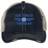 Distressed Air Force Veteran Trucker Hat with embroidered Air Force logo and 'Air Force Veteran' text, rugged distressed finish, and breathable mesh back, adjustable strapback cap