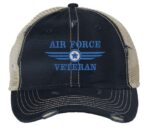 Distressed Air Force Veteran Trucker Hat with embroidered Air Force logo and 'Air Force Veteran' text, rugged distressed finish, and breathable mesh back, adjustable strapback cap