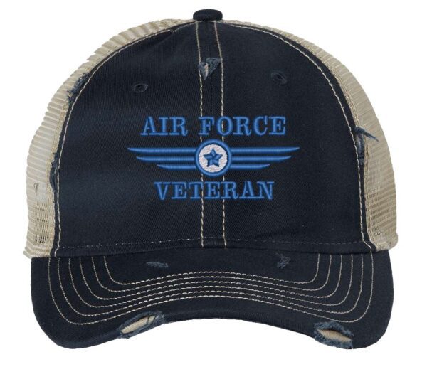 Distressed Air Force Veteran Trucker Hat with embroidered Air Force logo and 'Air Force Veteran' text, rugged distressed finish, and breathable mesh back, adjustable strapback cap