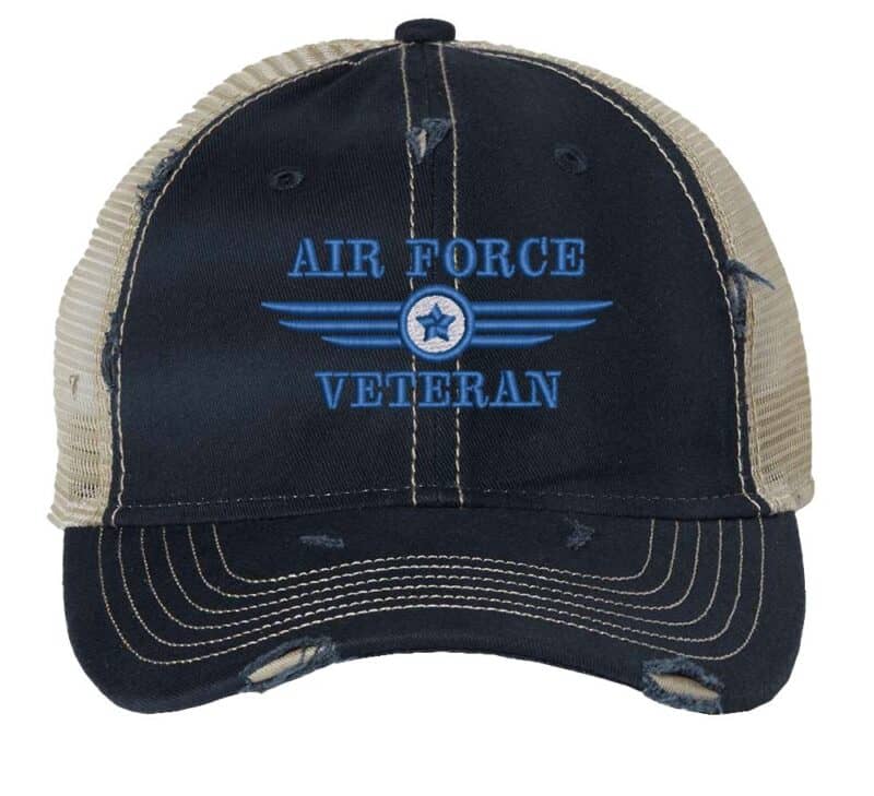 Distressed Air Force Veteran Trucker Hat with embroidered Air Force logo and 'Air Force Veteran' text, rugged distressed finish, and breathable mesh back, adjustable strapback cap