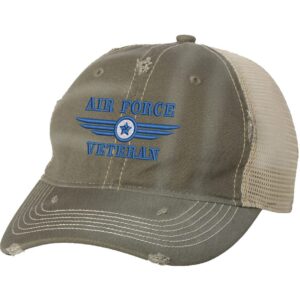 Distressed Air Force Veteran Trucker Hat with embroidered Air Force logo and 'Air Force Veteran' text, rugged distressed finish, and breathable mesh back, adjustable strapback cap