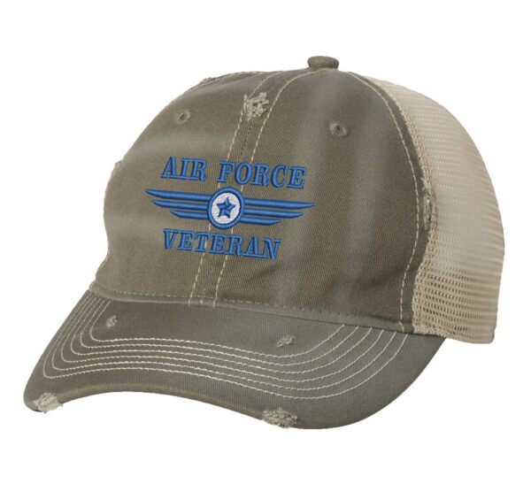 Distressed Air Force Veteran Trucker Hat with embroidered Air Force logo and 'Air Force Veteran' text, rugged distressed finish, and breathable mesh back, adjustable strapback cap