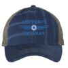 Distressed Air Force Veteran Trucker Hat with embroidered Air Force logo and 'Air Force Veteran' text, rugged distressed finish, and breathable mesh back, adjustable strapback cap