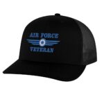 Classic Air Force Veteran Trucker Hat with embroidered Air Force logo and 'Air Force Veteran' text, breathable mesh back, and adjustable snapback cap