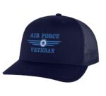 Classic Air Force Veteran Trucker Hat with embroidered Air Force logo and 'Air Force Veteran' text, breathable mesh back, and adjustable snapback cap