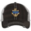 Distressed USN Trucker Hat with embroidered gold anchor with rope logo and 'USN' text, rugged distressed finish, and breathable mesh back, adjustable strapback cap