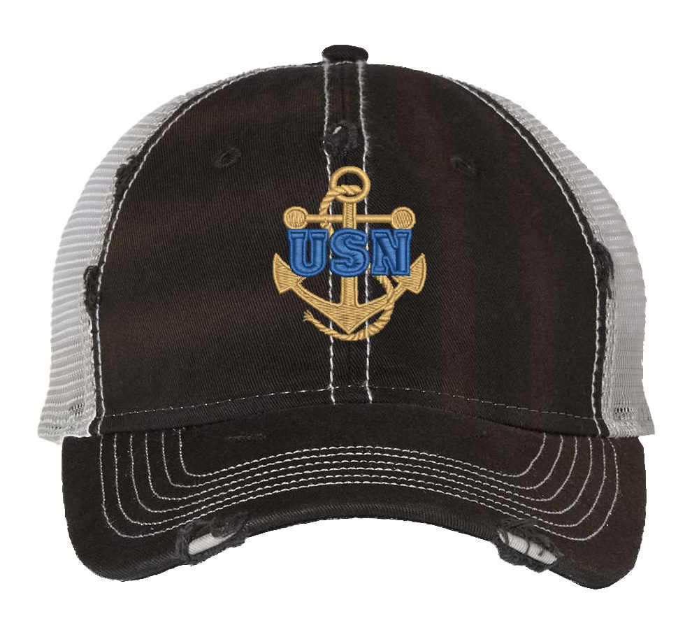 Distressed USN Trucker Hat with embroidered gold anchor with rope logo and 'USN' text, rugged distressed finish, and breathable mesh back, adjustable strapback cap