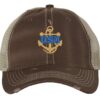 Distressed USN Trucker Hat with embroidered gold anchor with rope logo and 'USN' text, rugged distressed finish, and breathable mesh back, adjustable strapback cap
