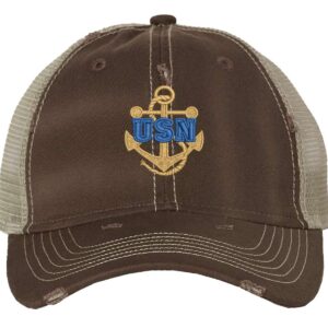 Distressed USN Trucker Hat with embroidered gold anchor with rope logo and 'USN' text, rugged distressed finish, and breathable mesh back, adjustable strapback cap