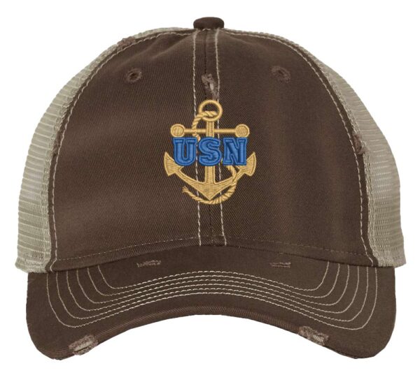Distressed USN Trucker Hat with embroidered gold anchor with rope logo and 'USN' text, rugged distressed finish, and breathable mesh back, adjustable strapback cap