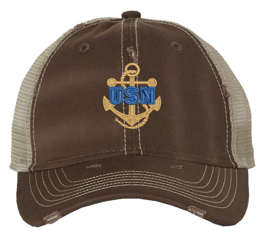 Distressed navy veteran cap military trucker hat with vintage weathered finish and embroidered anchor US Navy veteran ball caps