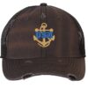 Distressed USN Trucker Hat with embroidered gold anchor with rope logo and 'USN' text, rugged distressed finish, and breathable mesh back, adjustable strapback cap