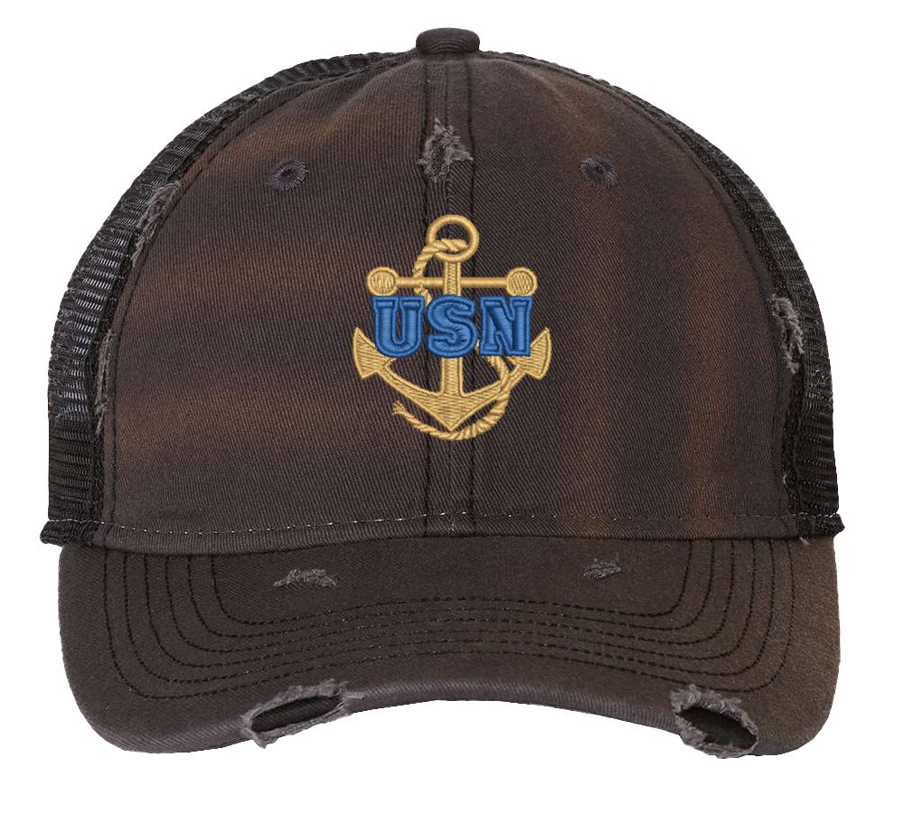 Distressed USN Trucker Hat with embroidered gold anchor with rope logo and 'USN' text, rugged distressed finish, and breathable mesh back, adjustable strapback cap
