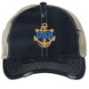 Distressed USN Trucker Hat with embroidered gold anchor with rope logo and 'USN' text, rugged distressed finish, and breathable mesh back, adjustable strapback cap