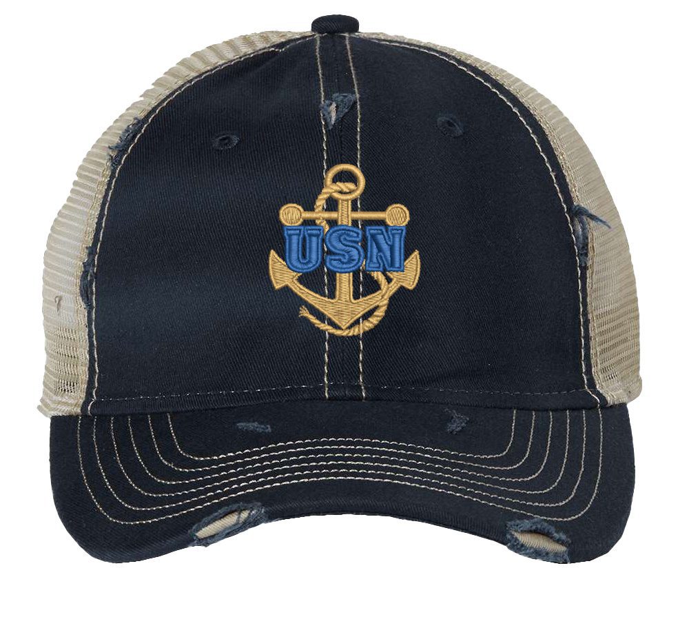 Distressed USN Trucker Hat with embroidered gold anchor with rope logo and 'USN' text, rugged distressed finish, and breathable mesh back, adjustable strapback cap