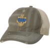 Distressed USN Trucker Hat with embroidered gold anchor with rope logo and 'USN' text, rugged distressed finish, and breathable mesh back, adjustable strapback cap