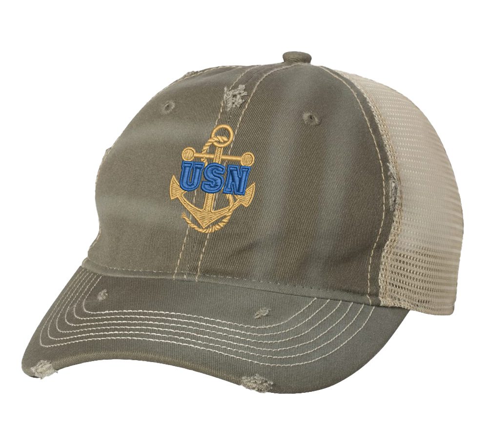 Distressed USN Trucker Hat with embroidered gold anchor with rope logo and 'USN' text, rugged distressed finish, and breathable mesh back, adjustable strapback cap