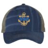 Distressed USN Trucker Hat with embroidered gold anchor with rope logo and 'USN' text, rugged distressed finish, and breathable mesh back, adjustable strapback cap