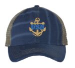 Distressed USN Trucker Hat with embroidered gold anchor with rope logo and 'USN' text, rugged distressed finish, and breathable mesh back, adjustable strapback cap