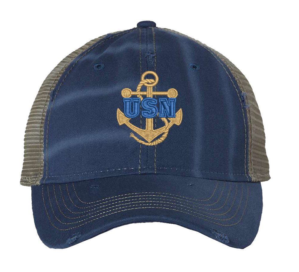 Distressed USN Trucker Hat with embroidered gold anchor with rope logo and 'USN' text, rugged distressed finish, and breathable mesh back, adjustable strapback cap
