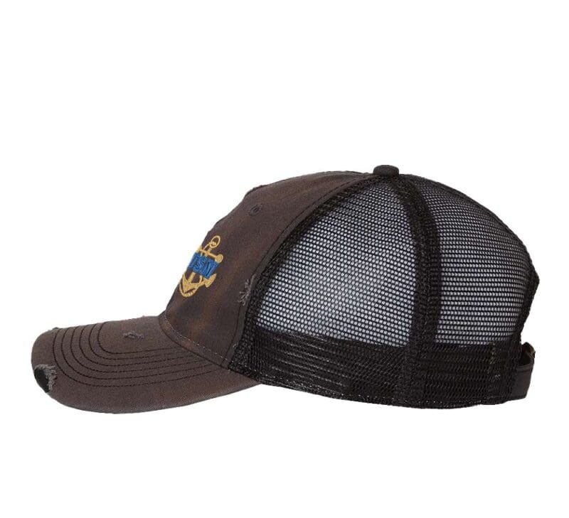 Distressed USN Trucker Hat with embroidered gold anchor with rope logo and 'USN' text, rugged distressed finish, and breathable mesh back, adjustable strapback cap