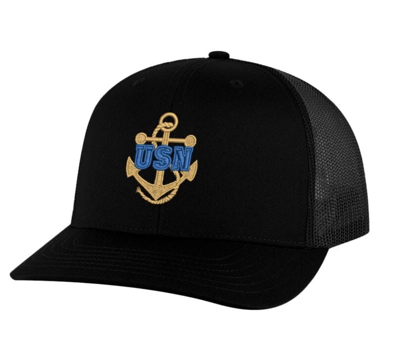 Classic USN Trucker Hat with embroidered gold anchor with rope logo and 'USN' text, breathable mesh back, and adjustable snapback cap