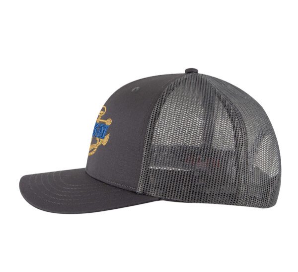 Classic USN Trucker Hat with embroidered gold anchor with rope logo and 'USN' text, breathable mesh back, and adjustable snapback cap
