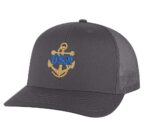 Classic USN Trucker Hat with embroidered gold anchor with rope logo and 'USN' text, breathable mesh back, and adjustable snapback cap