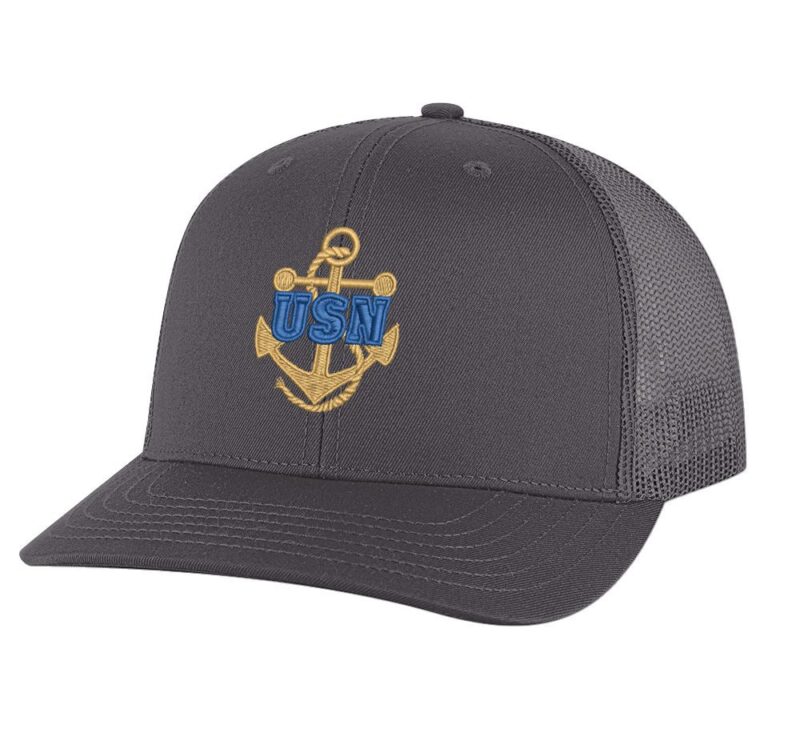 Classic USN Trucker Hat with embroidered gold anchor with rope logo and 'USN' text, breathable mesh back, and adjustable snapback cap