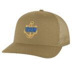 Classic USN Trucker Hat with embroidered gold anchor with rope logo and 'USN' text, breathable mesh back, and adjustable snapback cap