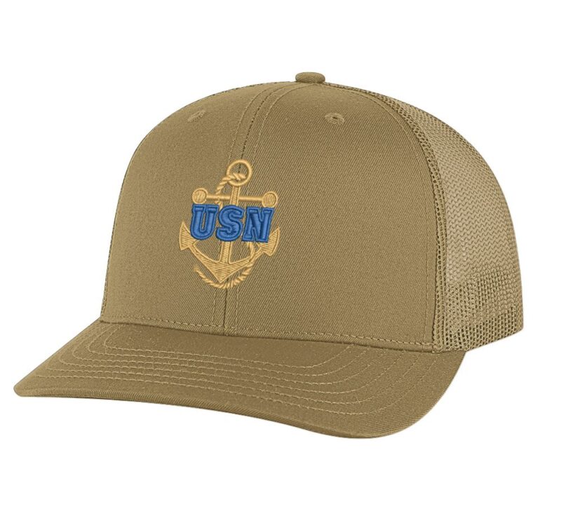Classic USN Trucker Hat with embroidered gold anchor with rope logo and 'USN' text, breathable mesh back, and adjustable snapback cap