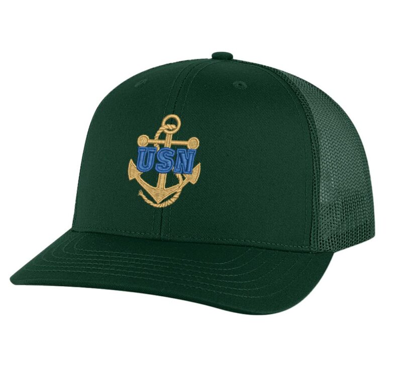 Classic USN Trucker Hat with embroidered gold anchor with rope logo and 'USN' text, breathable mesh back, and adjustable snapback cap