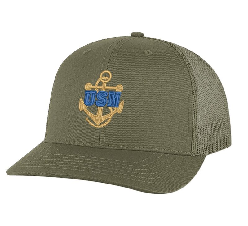 Classic USN Trucker Hat with embroidered gold anchor with rope logo and 'USN' text, breathable mesh back, and adjustable snapback cap