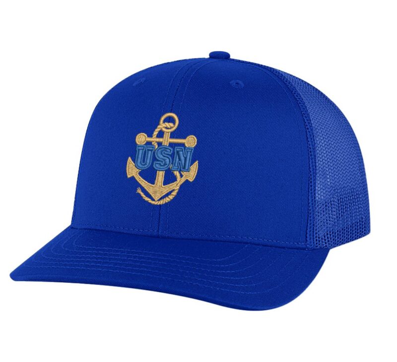 Classic USN Trucker Hat with embroidered gold anchor with rope logo and 'USN' text, breathable mesh back, and adjustable snapback cap