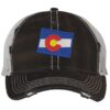 Distressed Colorado Trucker Hat with embroidered state flag, rugged distressed finish, and breathable mesh back, adjustable strapback cap