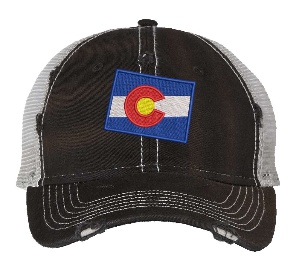 Distressed Colorado Trucker Hat with embroidered state flag, rugged distressed finish, and breathable mesh back, adjustable strapback cap