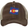 Distressed Colorado Trucker Hat with embroidered state flag, rugged distressed finish, and breathable mesh back, adjustable strapback cap