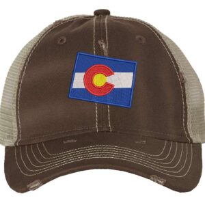 Distressed Colorado Trucker Hat with embroidered state flag, rugged distressed finish, and breathable mesh back, adjustable strapback cap