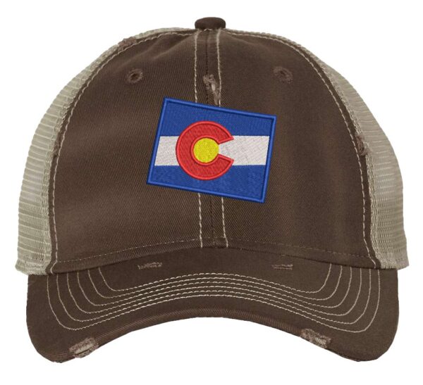 Distressed Colorado Trucker Hat with embroidered state flag, rugged distressed finish, and breathable mesh back, adjustable strapback cap