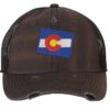 Distressed Colorado Trucker Hat with embroidered state flag, rugged distressed finish, and breathable mesh back, adjustable strapback cap