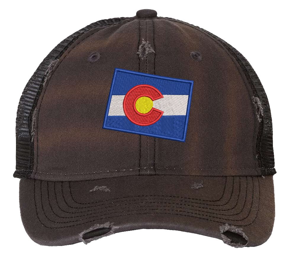 Distressed Colorado Trucker Hat with embroidered state flag, rugged distressed finish, and breathable mesh back, adjustable strapback cap